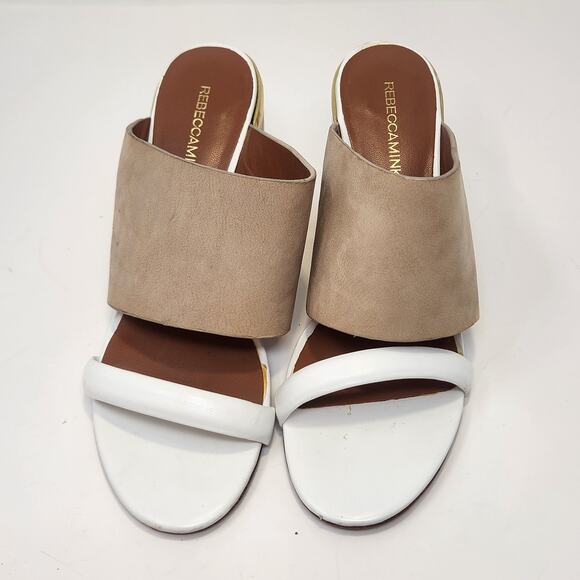 Rebecca Minkoff White Brown Metallic Leather Suede Mule Sandals Heels Size 7 M - Picture 3 of 11